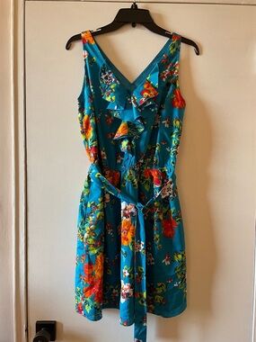 Express Teal Floral Ruffle V-Neck Mini Dress